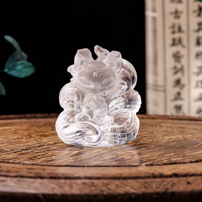 Buddha Stones Natuurlijke witte kristallen mini-afbeelding van een negenstaartvos, gesneden voor helende doeleinden, woondecoratie. - image 1