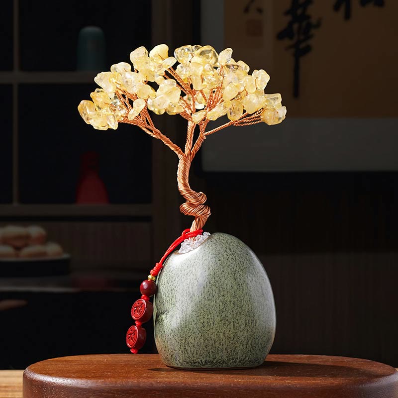 Buddha Stones Citrien, amethist, groene aventurijn, kristallen boom met keramische voet, symbool voor voorspoed en huisdecoratie. - Citrien 4,5*12 cm - image 0