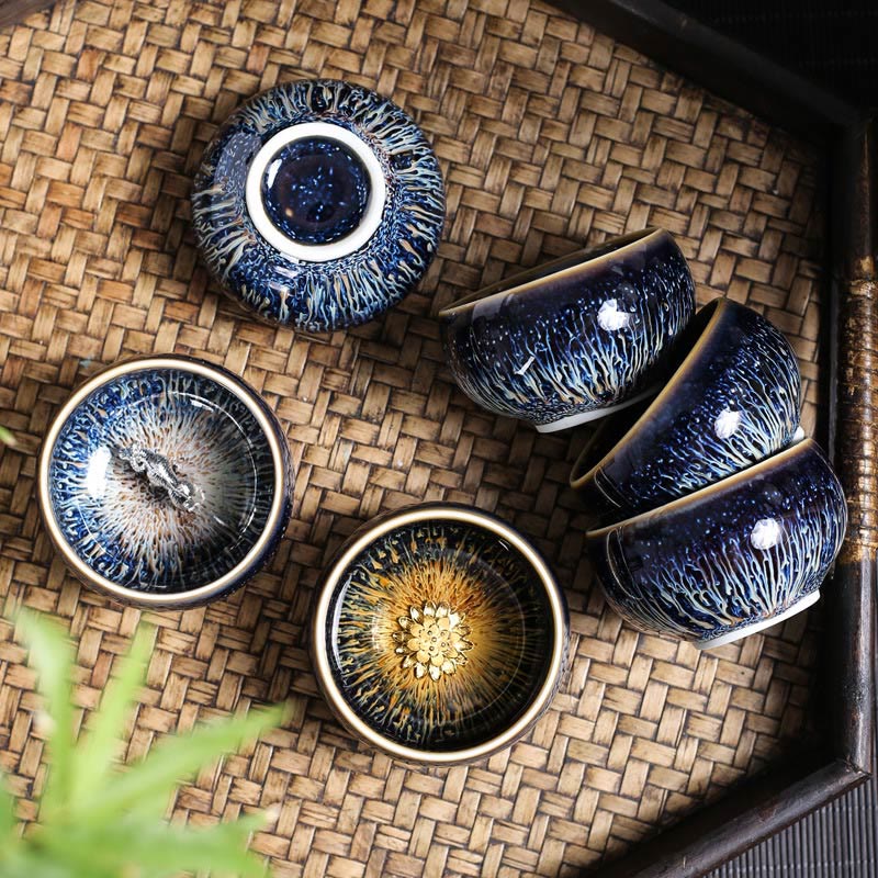 Buddha Stones Handgemaakte Chinese Jianzhan theekop met koi-vis, lotus, draak en feniks, 12 Chinese dierenriemtekens, keramische theekop, Kung Fu Theekopje 70 ml - image 1