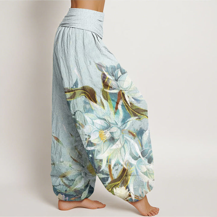 Buddha Stones Dames harembroek met elastische Taille en print van katoenen Epiphyllum-bloemen. - image 2