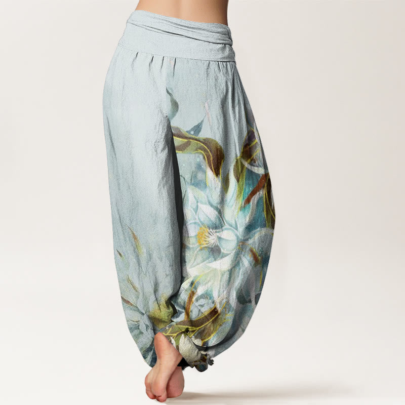 Buddha Stones Dames harembroek met elastische Taille en print van katoenen Epiphyllum-bloemen. - image 1