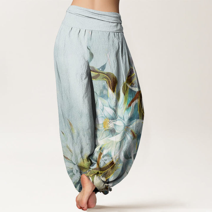 Buddha Stones Dames harembroek met elastische Taille en print van katoenen Epiphyllum-bloemen. - image 1