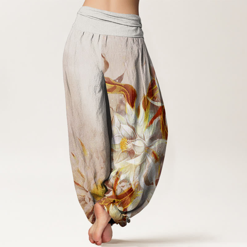 Buddha Stones Dames harembroek met elastische Taille en print van katoenen Epiphyllum-bloemen. - image 5