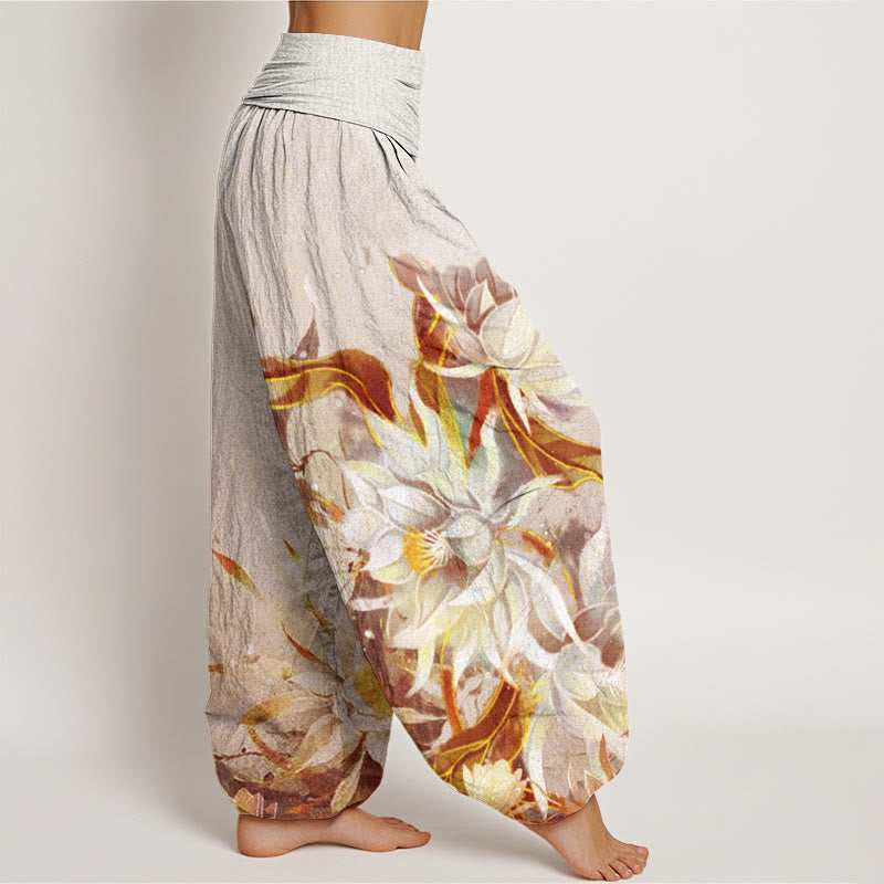 Buddha Stones Dames harembroek met elastische Taille en print van katoenen Epiphyllum-bloemen. - image 6