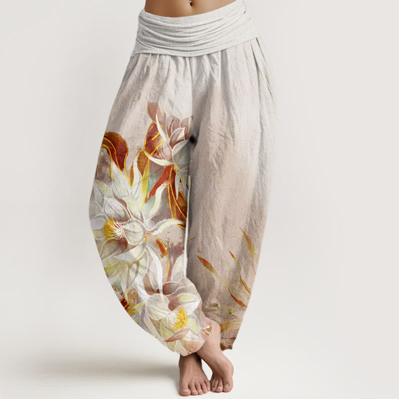 Buddha Stones Dames harembroek met elastische Taille en print van katoenen Epiphyllum-bloemen. - Beige - US22, UK/AU26, EU54 (6XL) - image 4