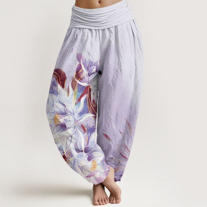 Buddha Stones Dames harembroek met elastische Taille en print van katoenen Epiphyllum-bloemen. - Lavendel - US22, UK/AU26, EU54 (6XL) - image 7