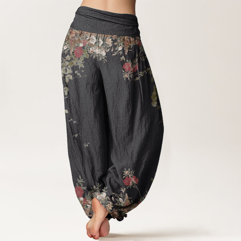 Buddha Stones Casual damesharembroek met elastische Taille, gemaakt van 100% Cotton , in de vorm van een rode pioenroos met rankmotief. - image 1