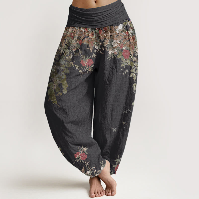 Buddha Stones Casual damesharembroek met elastische Taille, gemaakt van 100% Cotton , in de vorm van een rode pioenroos met rankmotief. - Zwart - US22, UK/AU26, EU54 (6XL) - image 0