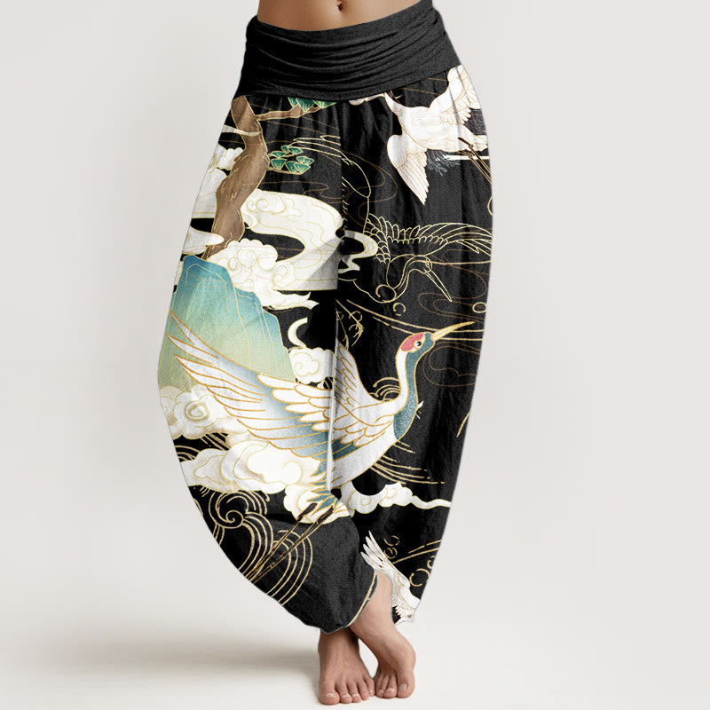 Buddha Stones Harembroek voor dames met elastische Taille, 100% Cotton met vliegende kraanvogels, gelukbrengende wolken en een boom. - Zwart - US22, UK/AU26, EU54 (6XL) - image 0