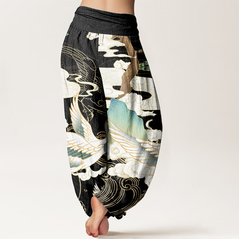 Buddha Stones Harembroek voor dames met elastische Taille, 100% Cotton met vliegende kraanvogels, gelukbrengende wolken en een boom. - image 1