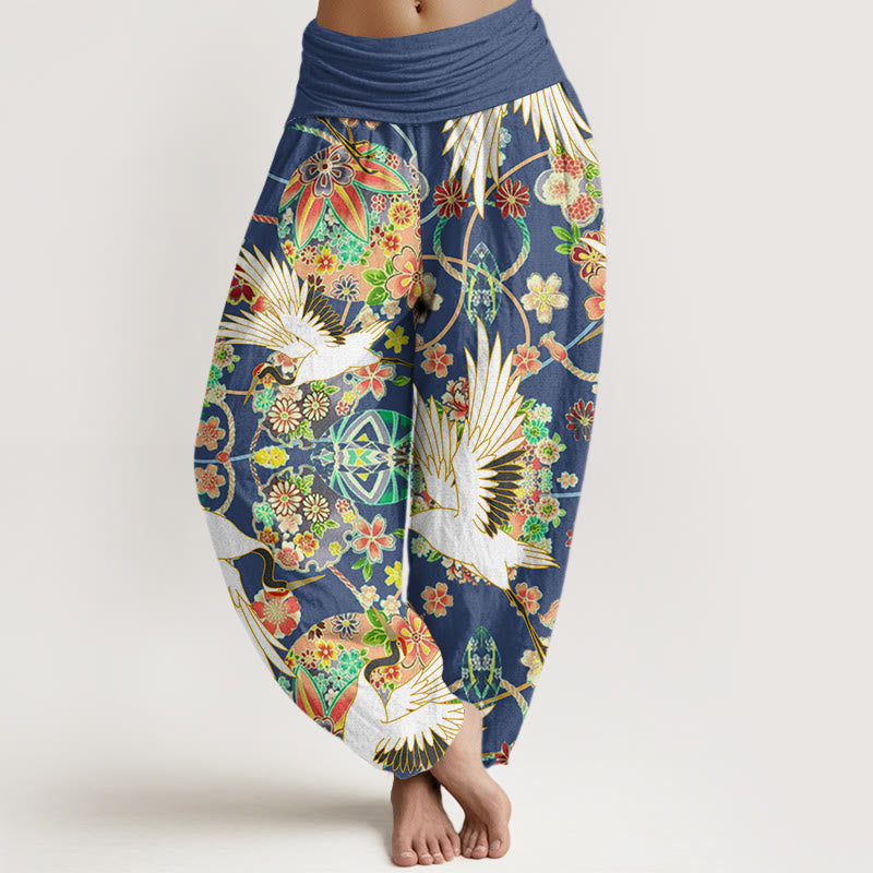 Buddha Stones Katoenen casual harembroek met kraanvogel-, bloemen- en geometrisch patroon en elastische Taille voor dames - Koningsblauw - US22, UK/AU26, EU54 (6XL) - image 0