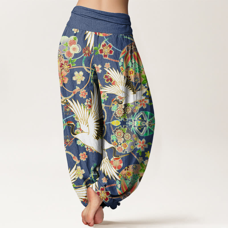 Buddha Stones Katoenen casual harembroek met kraanvogel-, bloemen- en geometrisch patroon en elastische Taille voor dames - image 1