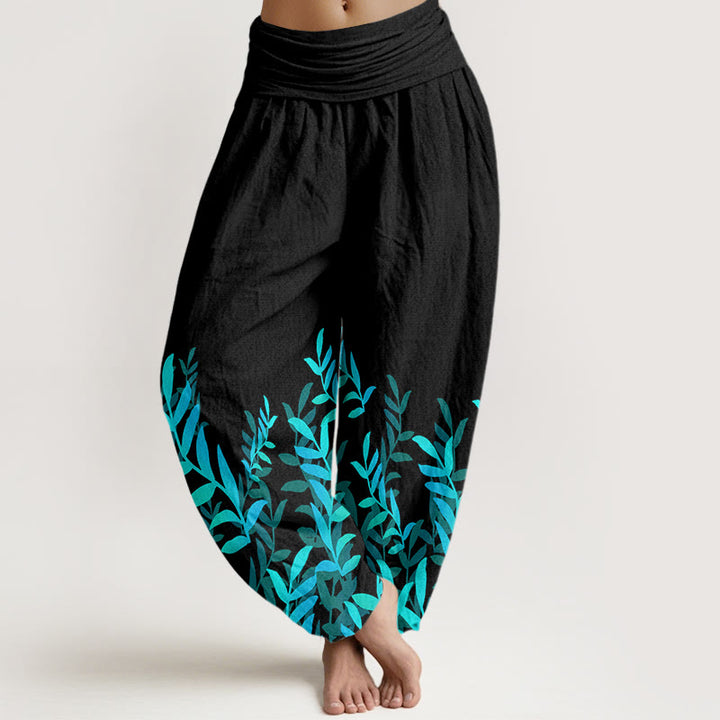 Buddha Stones Casual katoenen harembroek met bladerprint en elastische Taille voor dames - Zwart - US22, UK/AU26, EU54 (6XL) - image 0