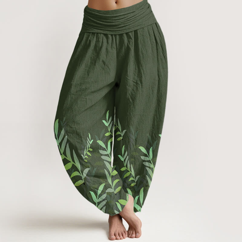 Buddha Stones Casual katoenen harembroek met bladerprint en elastische Taille voor dames - Bosgroen - US22, UK/AU26, EU54 (6XL) - image 4
