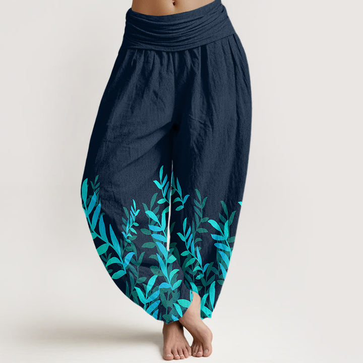 Buddha Stones Casual katoenen harembroek met bladerprint en elastische Taille voor dames - Donker leigrijs - US22, UK/AU26, EU54 (6XL) - image 7