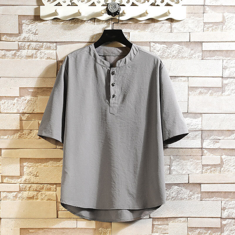 Buddha Stones Vintage casual herenoverhemdjasje met Korte mouw in effen kleur - Grijs - US/UK/AU46, EU56 (5XL) - image 0