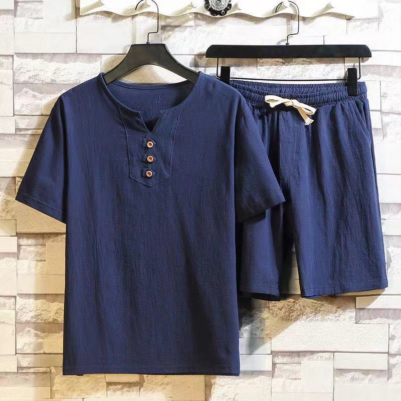 Buddha Stones 2-delige set bestaande uit een T-shirt met Korte mouw, een broek met trekkoord en Zakken , en een meditatiekleding set voor heren van katoen en linnen. - Marine - US/UK/AU46, EU56 (5XL) - image 0