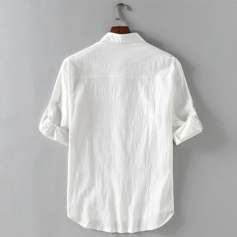 Buddha Stones Vintage Casual Effen Herenoverhemd met Enkele Rij Mouwlengte en Driekwart Mouwen en Zak - image 2