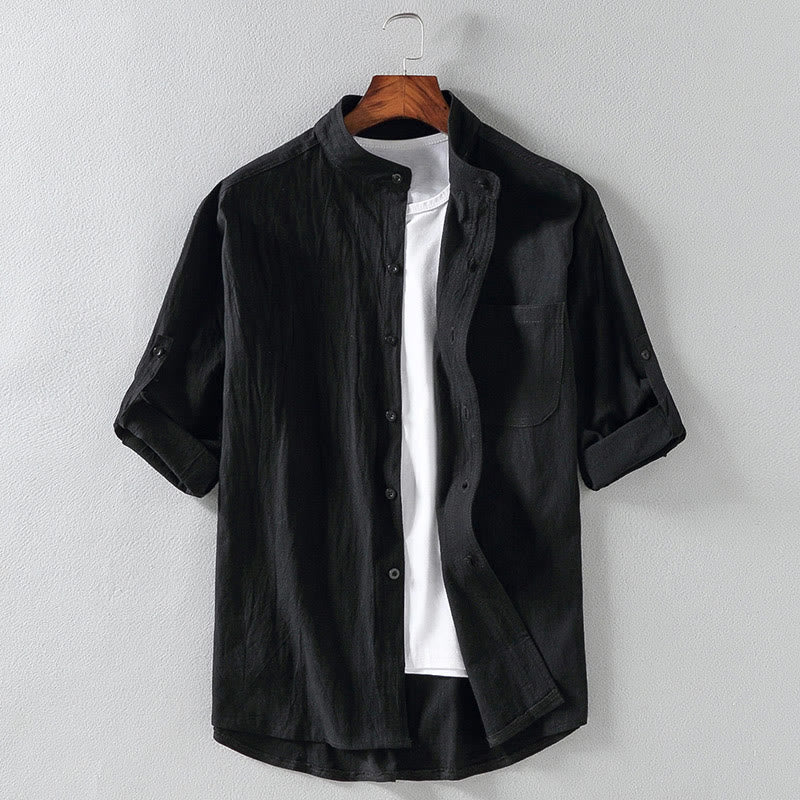 Buddha Stones Vintage Casual Effen Herenoverhemd met Enkele Rij Mouwlengte en Driekwart Mouwen en Zak - Zwart - US/UK/AU46, EU56 (5XL) - image 15