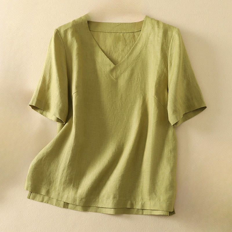 Buddha Stones Zomers casual effen polyester T-shirt met V-hals en korte Mouwlengte voor dames - Geelgroen - US8-10，UK/AU12-14，EU40-42 (2XL) - image 0