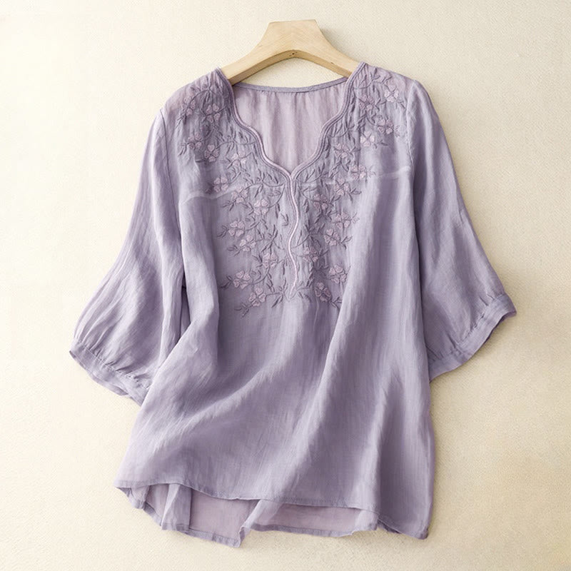 Buddha Stones Zomers casual dames T-shirt met geborduurde bloemen, V-hals en korte Mouwlengte , gemaakt van acryl. - Pruim - US8-10，UK/AU12-14，EU40-42 (2XL) - image 0