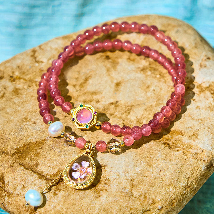 Buddha Stones Natuurlijke aardbeikwarts parel vlinder waterdruppel positieve dubbele Armband - image 7