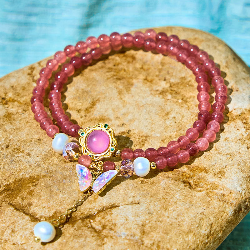 Buddha Stones Natuurlijke aardbeikwarts parel vlinder waterdruppel positieve dubbele Armband - image 3