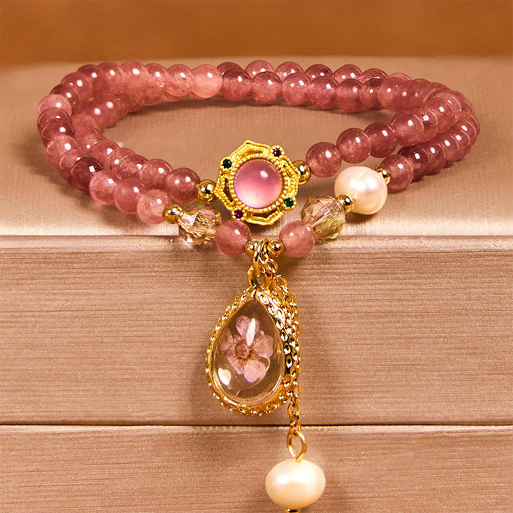 Buddha Stones Natuurlijke aardbeikwarts parel vlinder waterdruppel positieve dubbele Armband - image 5