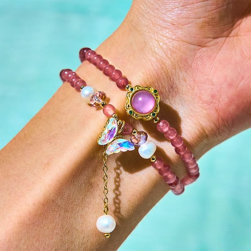 Buddha Stones Natuurlijke aardbeikwarts parel vlinder waterdruppel positieve dubbele Armband - image 2