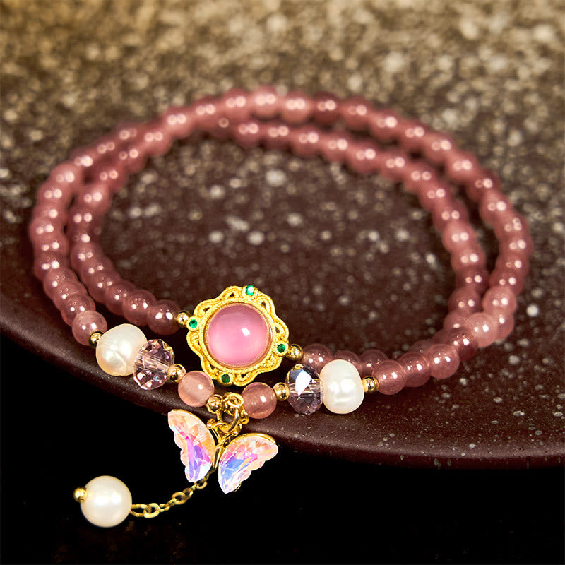 Buddha Stones Natuurlijke aardbeikwarts parel vlinder waterdruppel positieve dubbele Armband - Aardbeikwarts vlinder (Polsomtrek 14-16 cm) - image 0