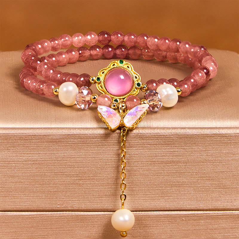 Buddha Stones Natuurlijke aardbeikwarts parel vlinder waterdruppel positieve dubbele Armband - image 1