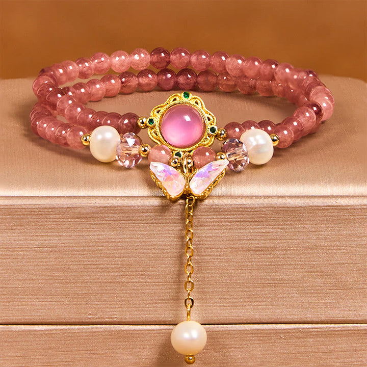 Buddha Stones Natuurlijke aardbeikwarts parel vlinder waterdruppel positieve dubbele Armband - image 1