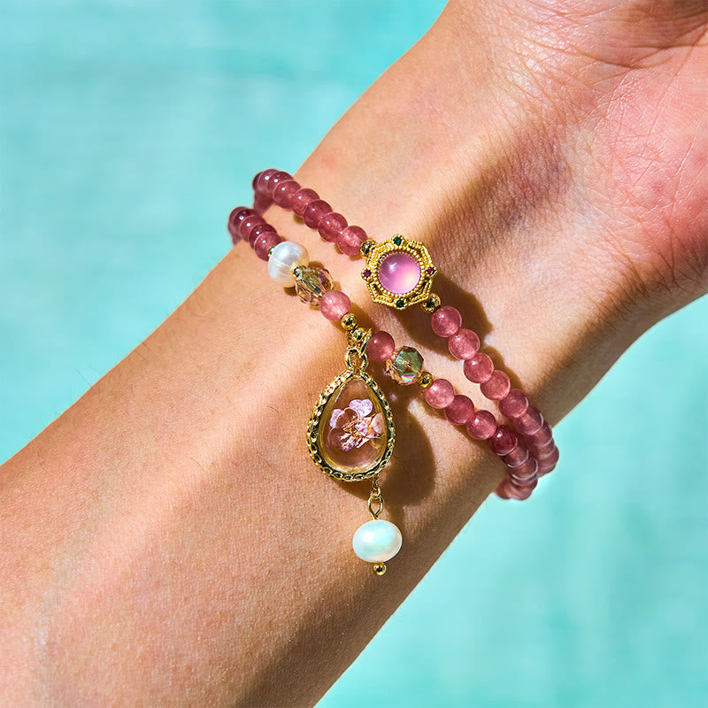Buddha Stones Natuurlijke aardbeikwarts parel vlinder waterdruppel positieve dubbele Armband - image 6