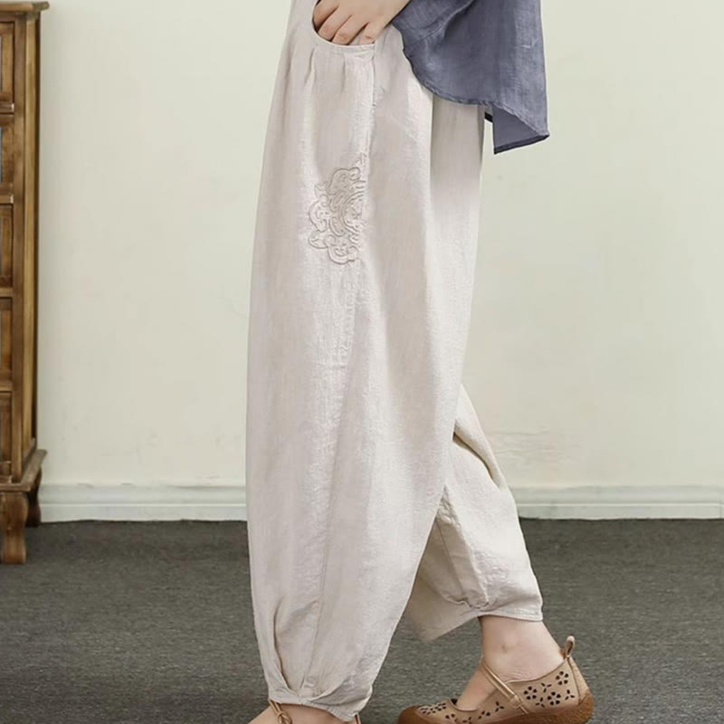 Buddha Stones Vintage effen katoenen linnen dames harembroek met Zakken , geborduurd, Lengte 7-8. - image 1