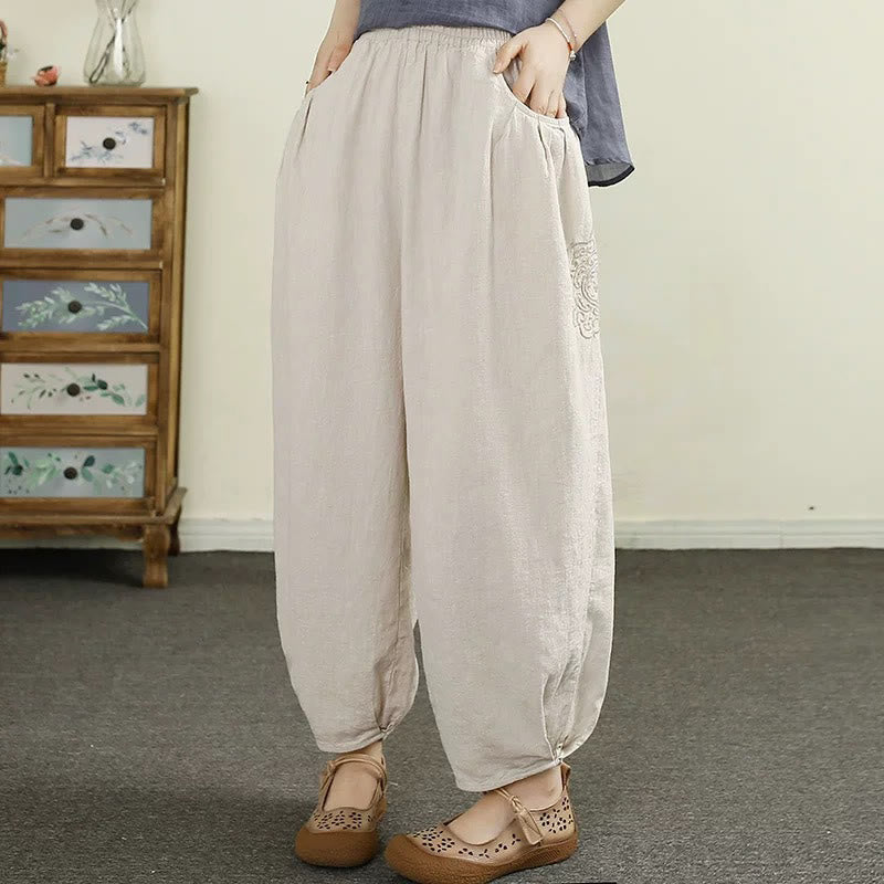Buddha Stones Vintage effen katoenen linnen dames harembroek met Zakken , geborduurd, Lengte 7-8. - Beige - US6, UK/AU10, EU38 (XL) - image 0