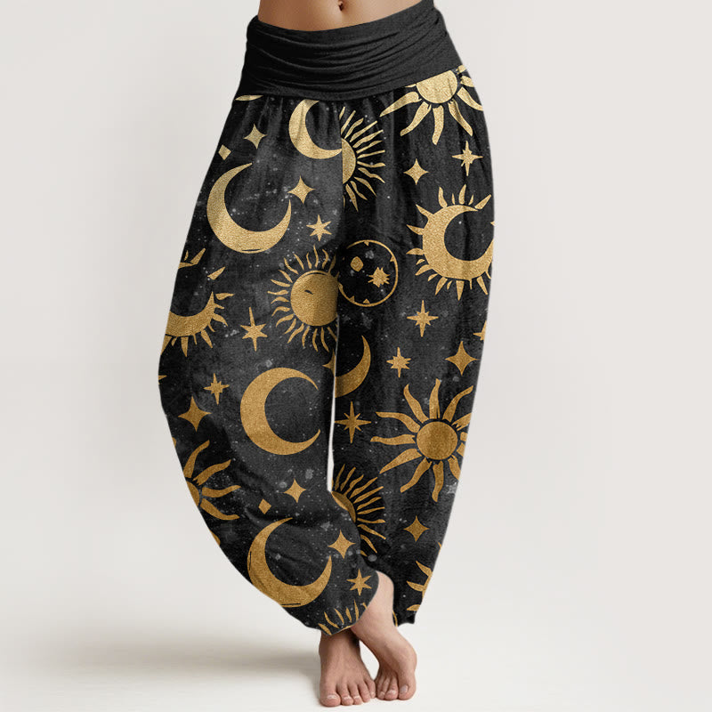 Buddha Stones Dames harembroek met elastische Taille en patroon van katoenen halve maan, zon en sterren - Zwart - US22, UK/AU26, EU54 (6XL) - image 0