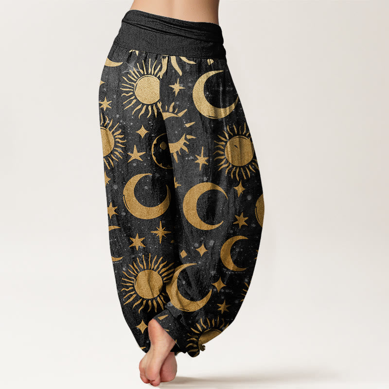 Buddha Stones Dames harembroek met elastische Taille en patroon van katoenen halve maan, zon en sterren - image 1