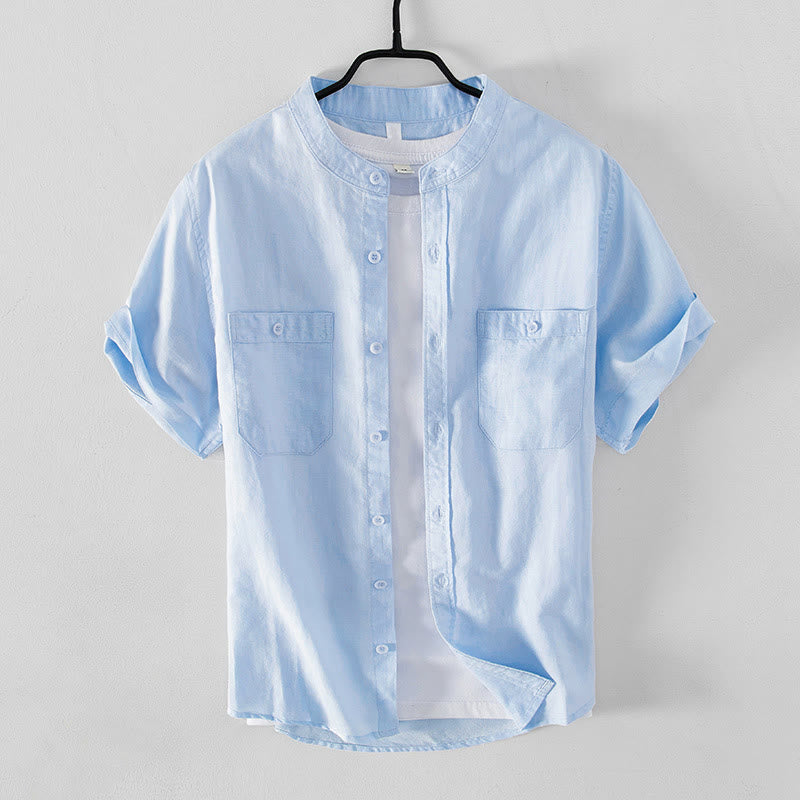 Buddha Stones Casual, eenvoudig overhemd met knoopsluiting, opstaande kraag, Korte mouw , katoen-linnen, Zakken. - image 0