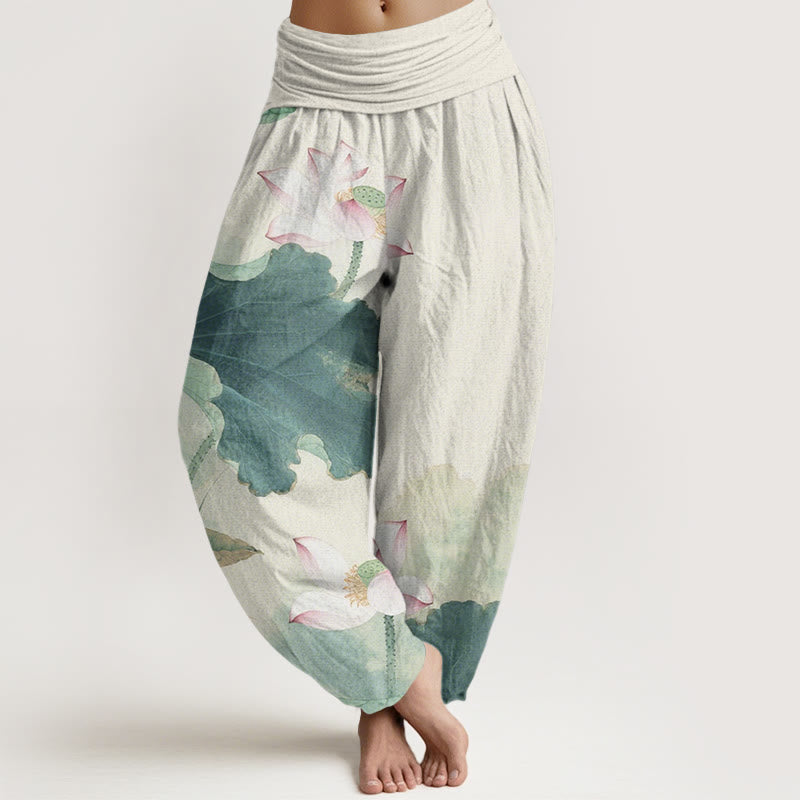 Buddha Stones Casual katoenen harembroek met lotusbloemmotief en elastische Taille voor dames - Middelgroot aquamarijn - US22, UK/AU26, EU54 (6XL) - image 0