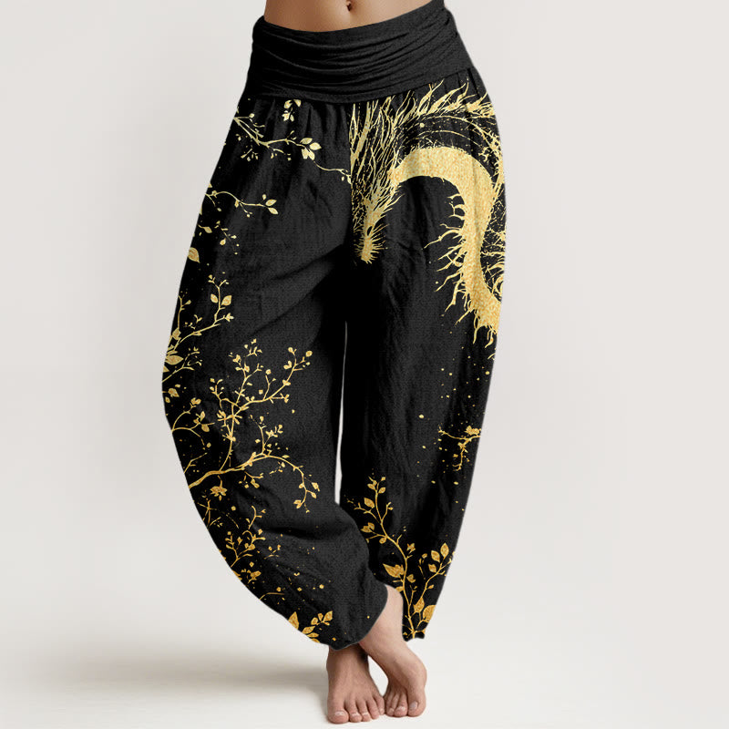 Buddha Stones Katoenen casual harembroek met drakenbloem- en bladmotief voor dames, met elastische Taille . - Zwart - US22, UK/AU26, EU54 (6XL) - image 0