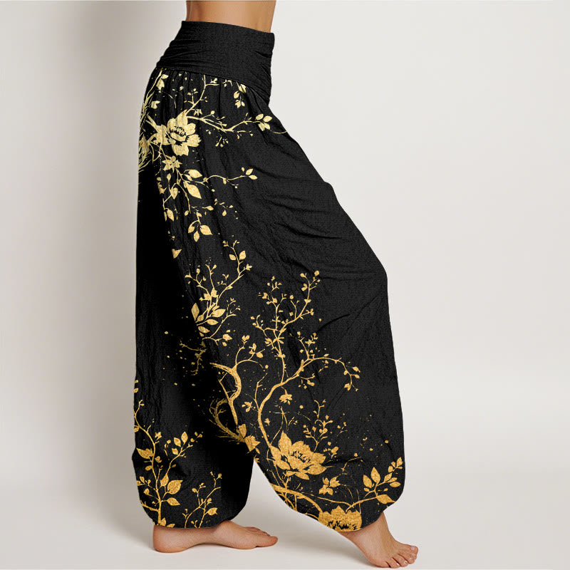 Buddha Stones Katoenen casual harembroek met drakenbloem- en bladmotief voor dames, met elastische Taille . - image 1