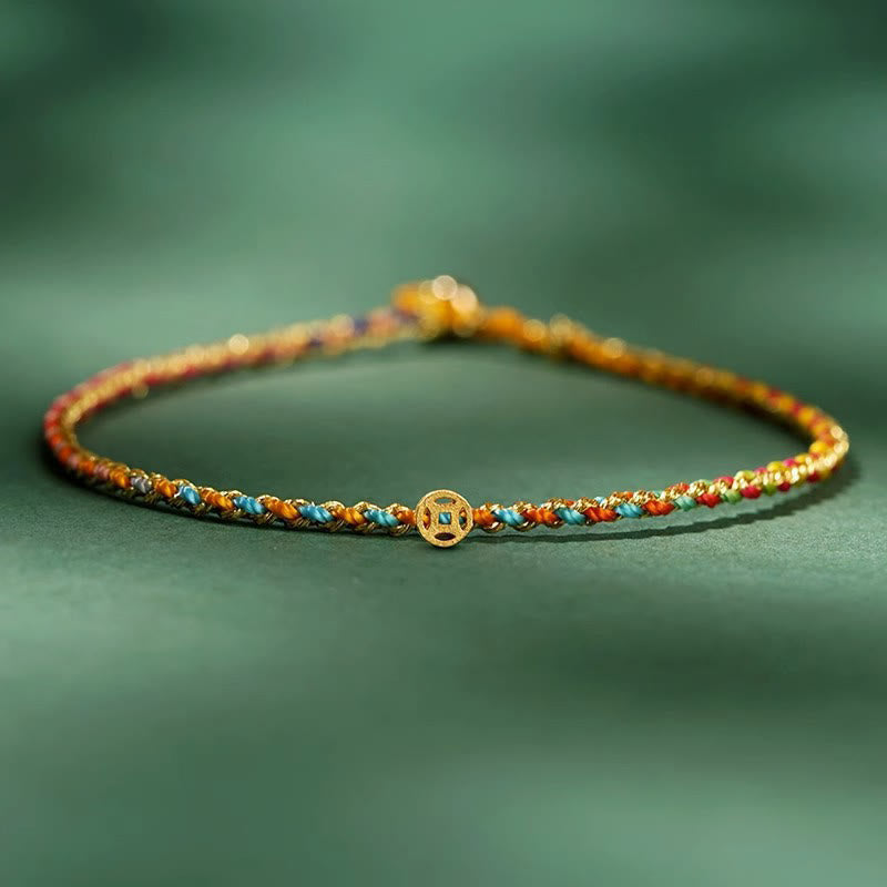 Buddha Stones Kleurrijke touw geluksmunt kralen overvloed extra dunne gevlochten Armband - Kleurrijk - Touw met koperen munt - 20 cm - image 0