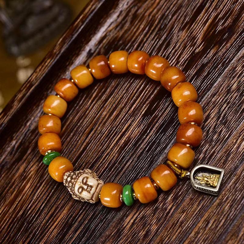 Buddha Stones Natuurlijke Tibetaanse armband met kralen van kameelbot in de vorm van een ton, met een Boeddha-hoofd Armband voor geluk en bescherming. - Kameelbot (Polsomtrek: 15-16 cm) - image 0