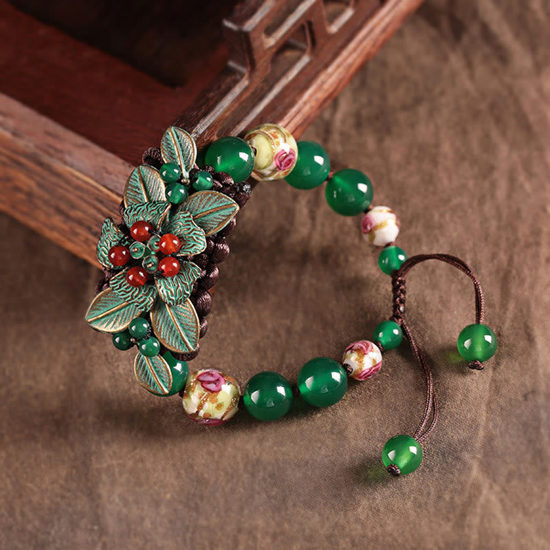 Buddha Stones Groene agaat glazen bloemkralen gevlochten knoop Armband - image 1