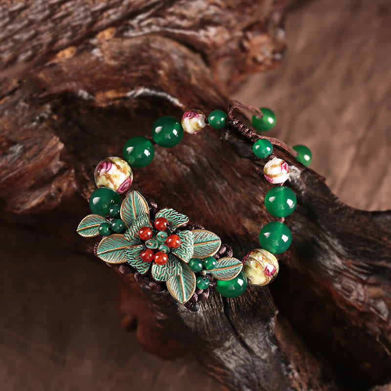 Buddha Stones Groene agaat glazen bloemkralen gevlochten knoop Armband - Groene agaat (Polsomtrek: 5,5-7,9 inch) - image 0