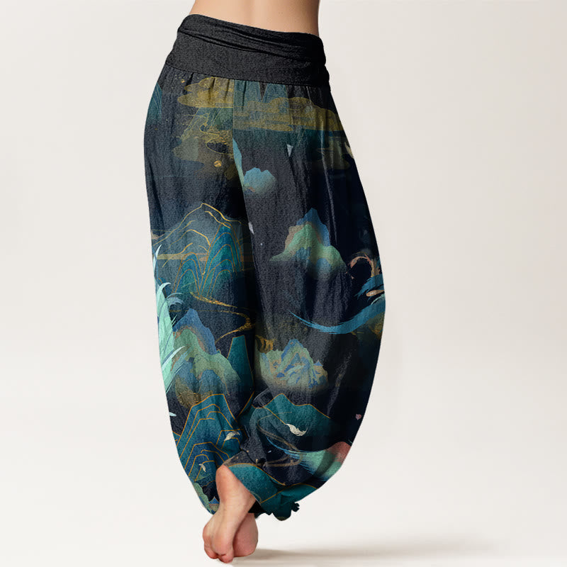 Buddha Stones Dames harembroek met elastische Taille en Phoenix-bergwolkenpatroon. - image 1