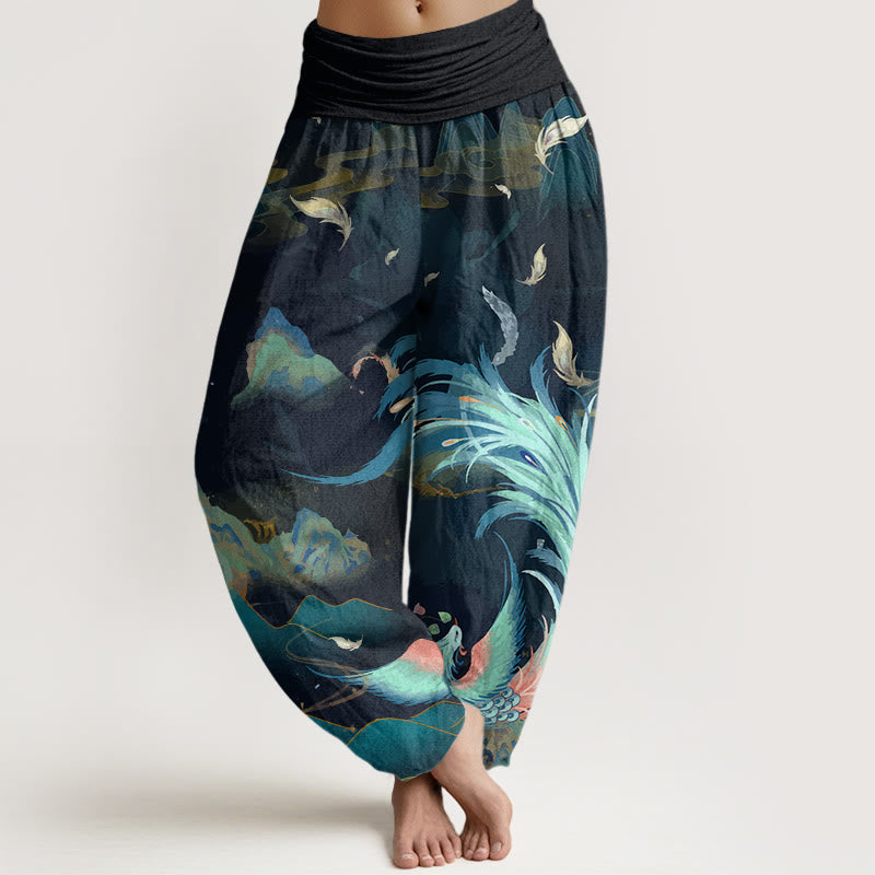 Buddha Stones Dames harembroek met elastische Taille en Phoenix-bergwolkenpatroon. - Donkerblauw - US22, UK/AU26, EU54 (6XL) - image 0