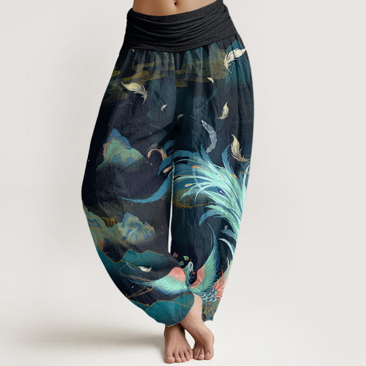 Buddha Stones Dames harembroek met elastische Taille en Phoenix-bergwolkenpatroon. - Donkerblauw - US22, UK/AU26, EU54 (6XL) - image 0