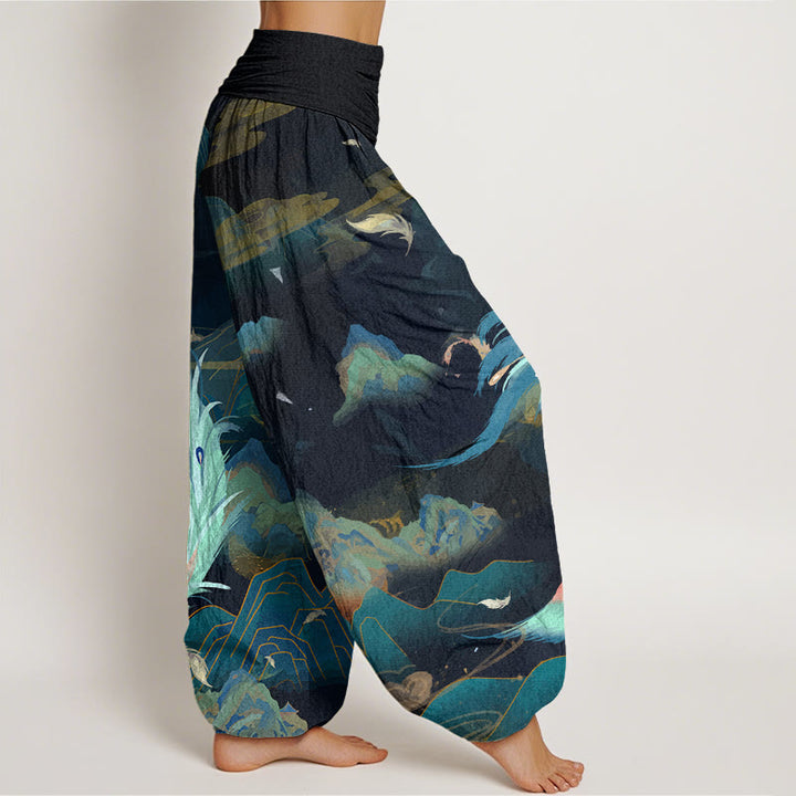 Buddha Stones Dames harembroek met elastische Taille en Phoenix-bergwolkenpatroon. - image 2