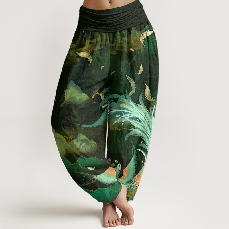 Buddha Stones Dames harembroek met elastische Taille en Phoenix-bergwolkenpatroon. - Olijfgroen - US22, UK/AU26, EU54 (6XL) - image 4